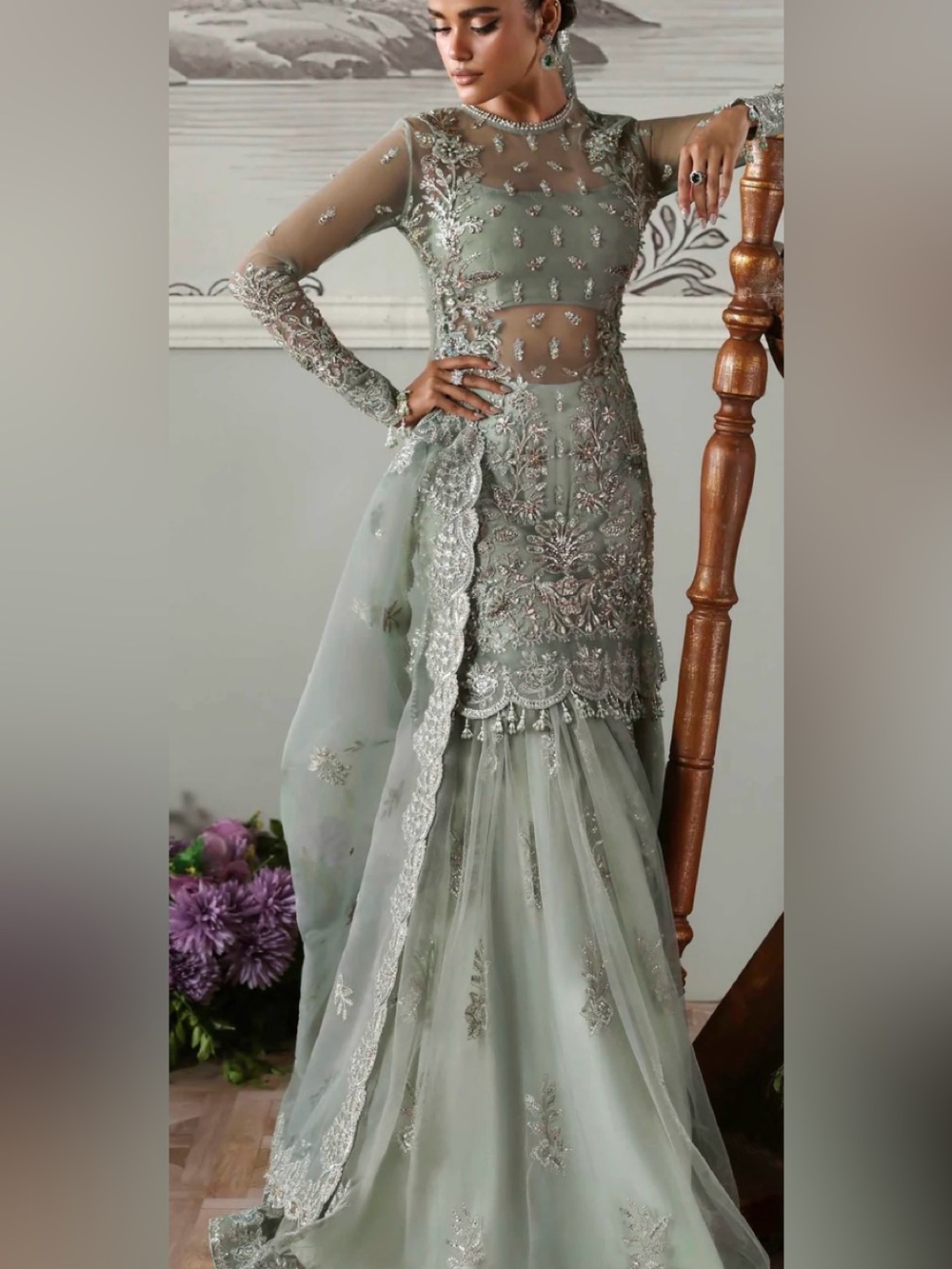 Embellished Sage Green Long-Sleeve Formal Dress bust 46 Same style